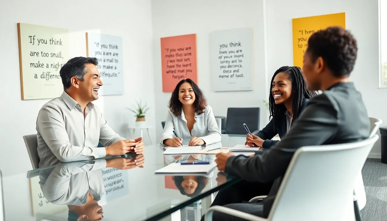 diverse team sharing laughs in a modern office.