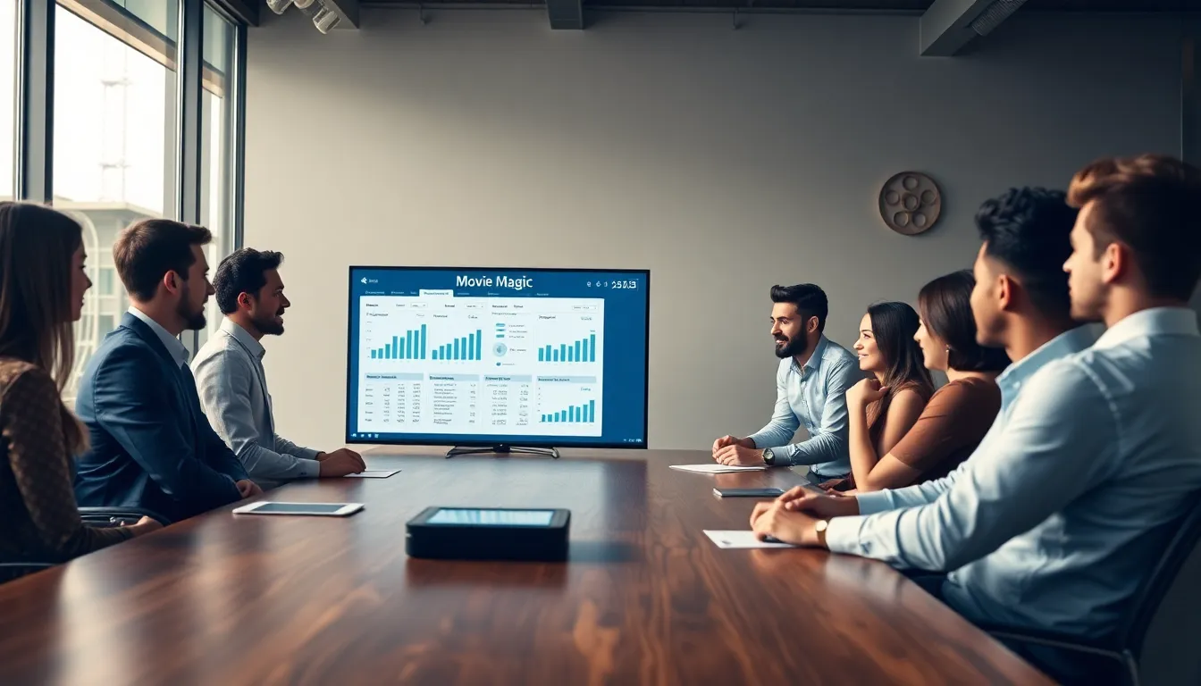 diverse team collaborating on film budgeting in a modern office.