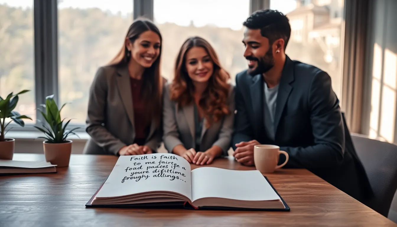 diverse professionals discussing inspirational quotes in a bright office setting.