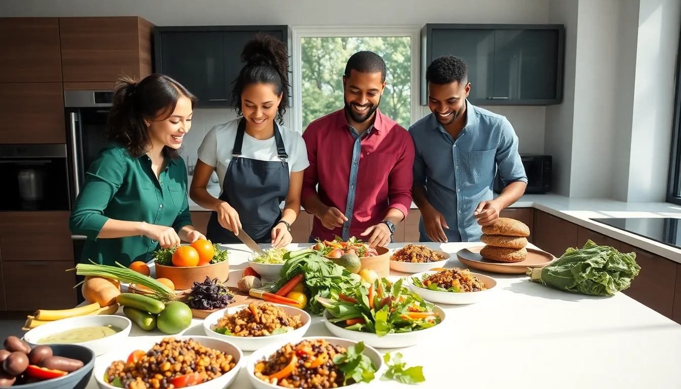 Diverse group preparing vibrant plant-based dishes in a modern kitchen.
