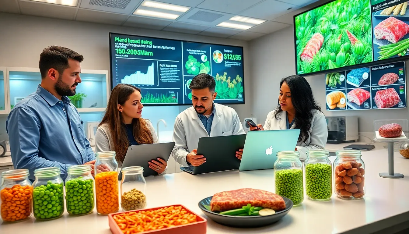 team analyzing plant-based proteins and cell-cultured meat in a modern lab.