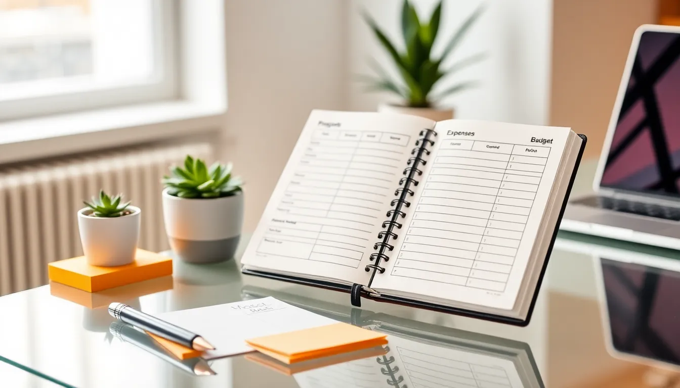 an open budgeting notebook on a modern desk.