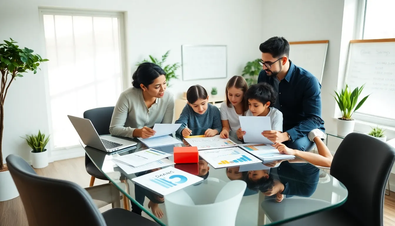 family collaboratively budgeting at a home office table.
